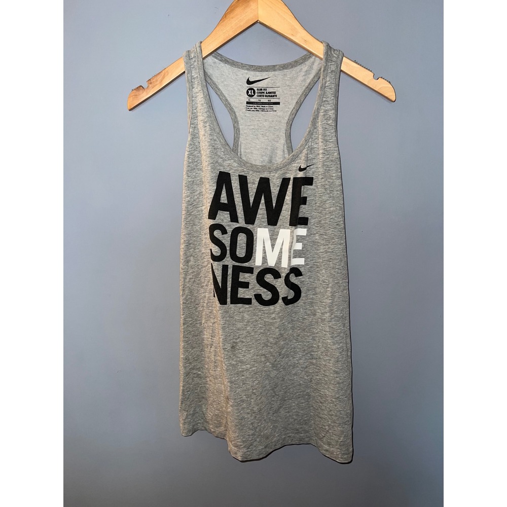Nike Womens XL Slim Fit Awesomeness Graphic Racerback Tank Top Heather Gray